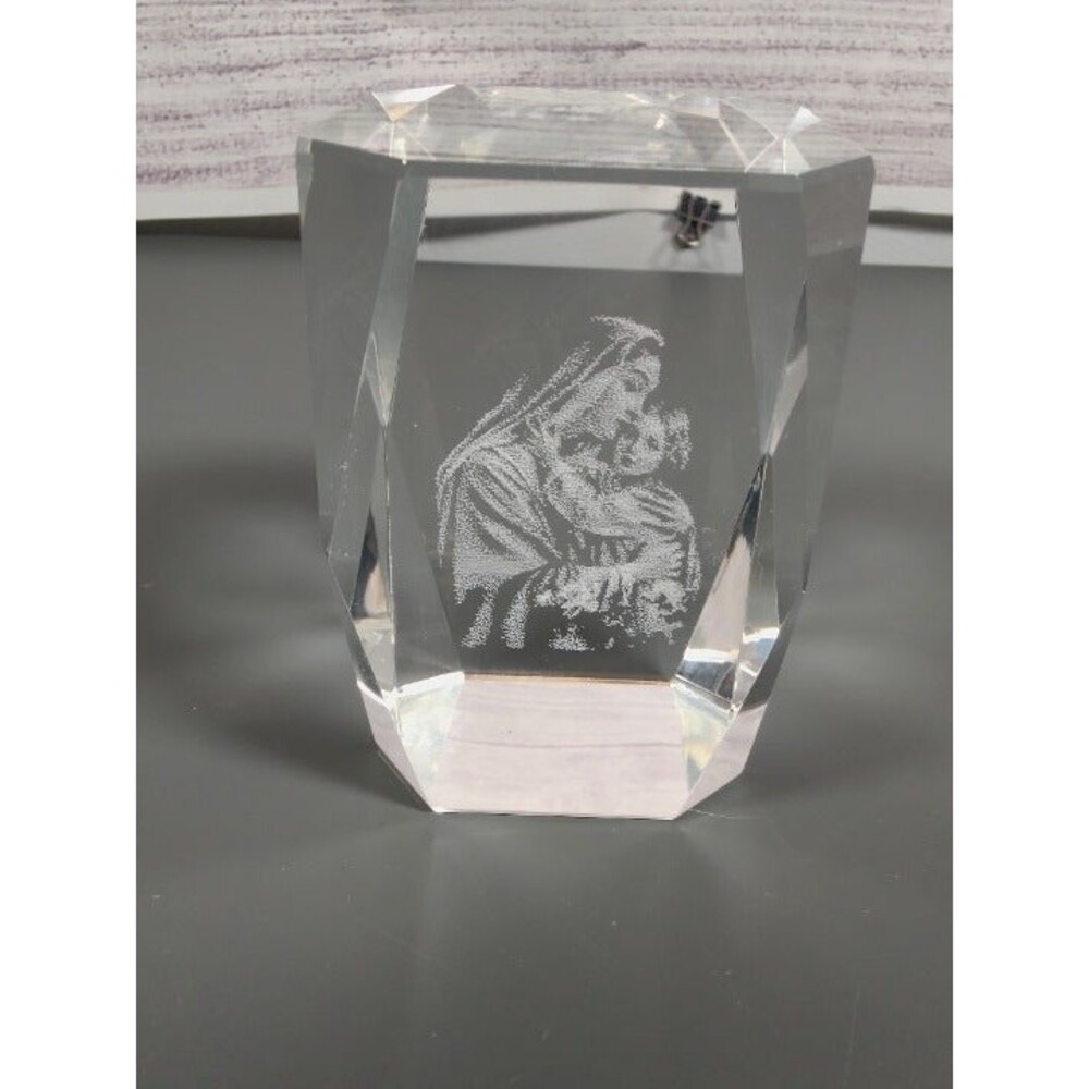 Mother Mary & Baby Jesus Laser Etched 3D Crystal Paperweight 2"x2"x3"T